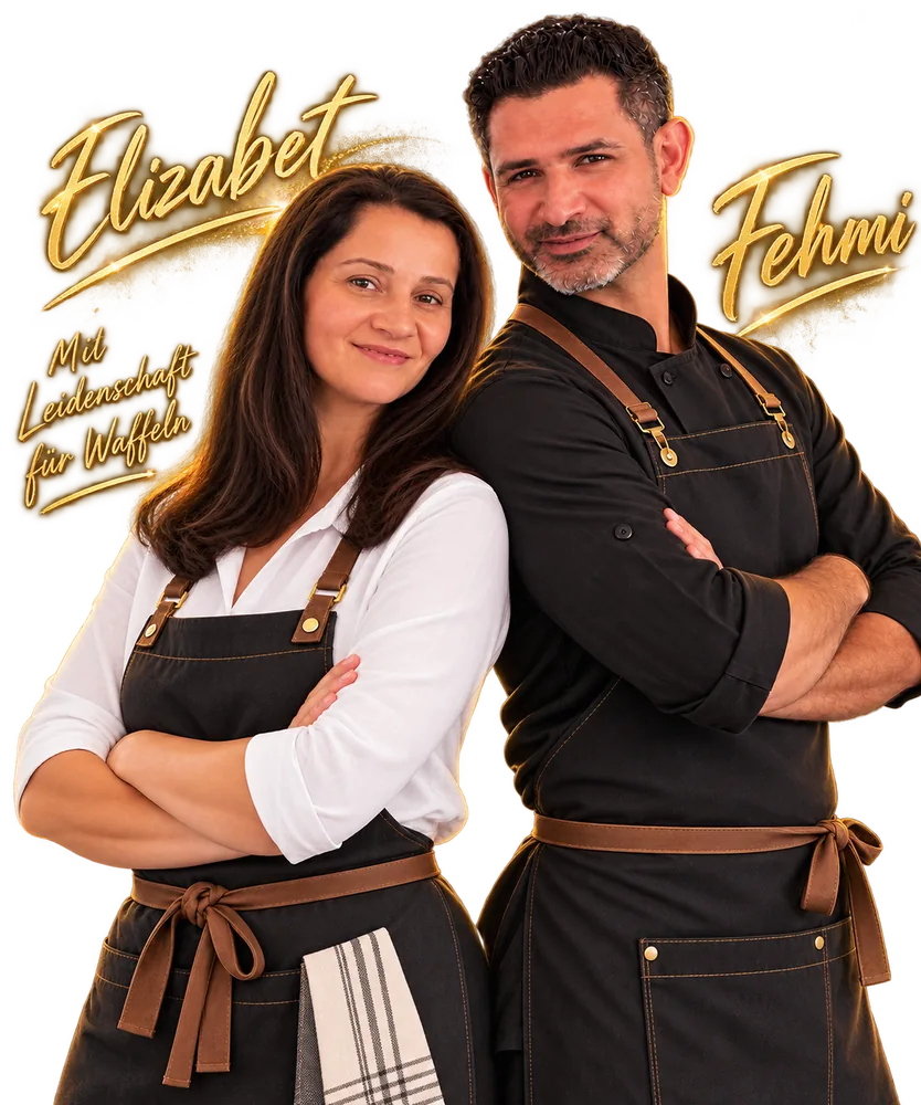 Elizabet und Fehmi, die Inhaber der Waffle Family, in Schürzen vor dunklem Hintergrund